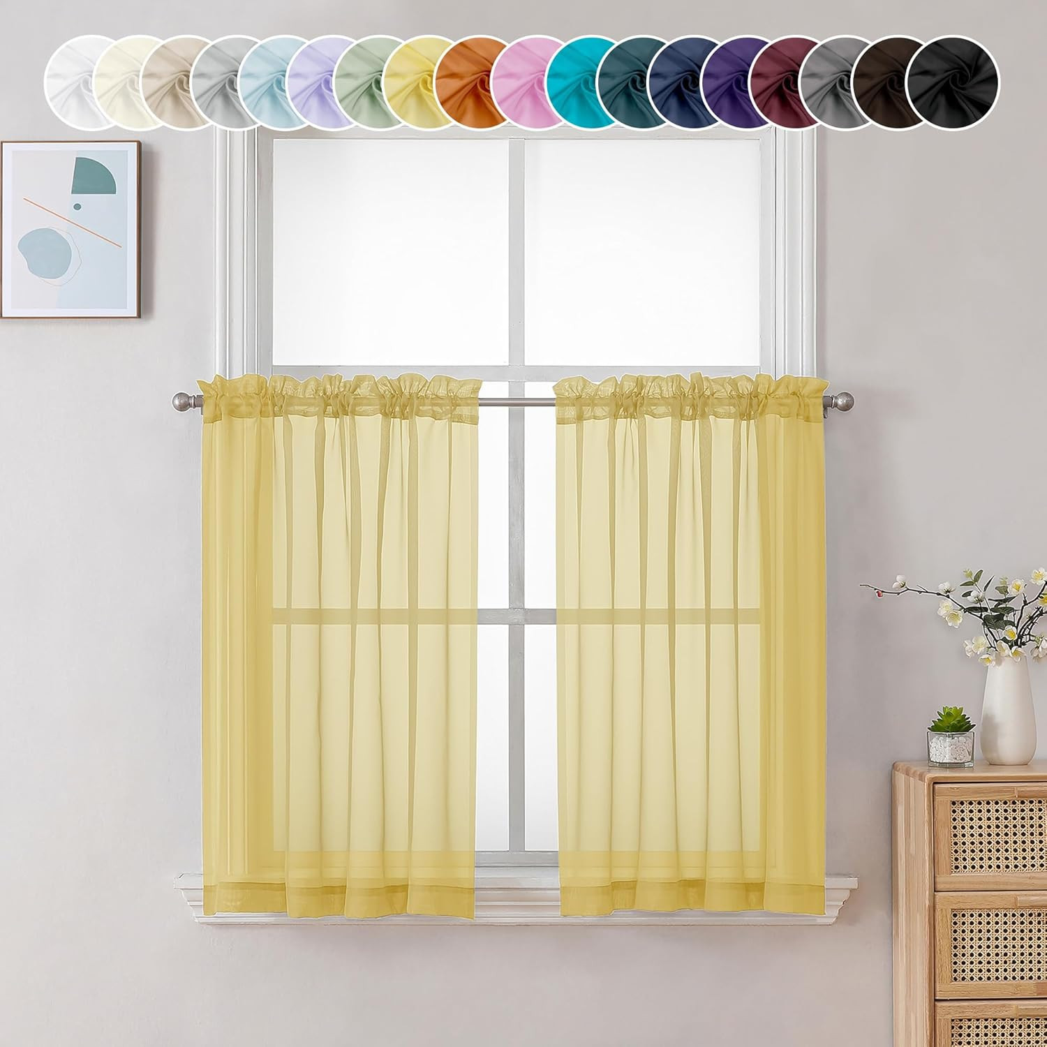 Sheer Yellow Tier Curtains 24 Inch Length, Small Window Curtains Treatment for B