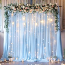 Sheer Tulle Backdrop Curtain With String Lights Blue 10x10 FT Party Drapes