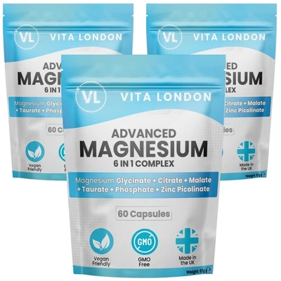 VITA LONDON Magnesium Glycinate Capsules 6-In-1 Complex 1500mg - Citrate Malate Taurate Zinc
