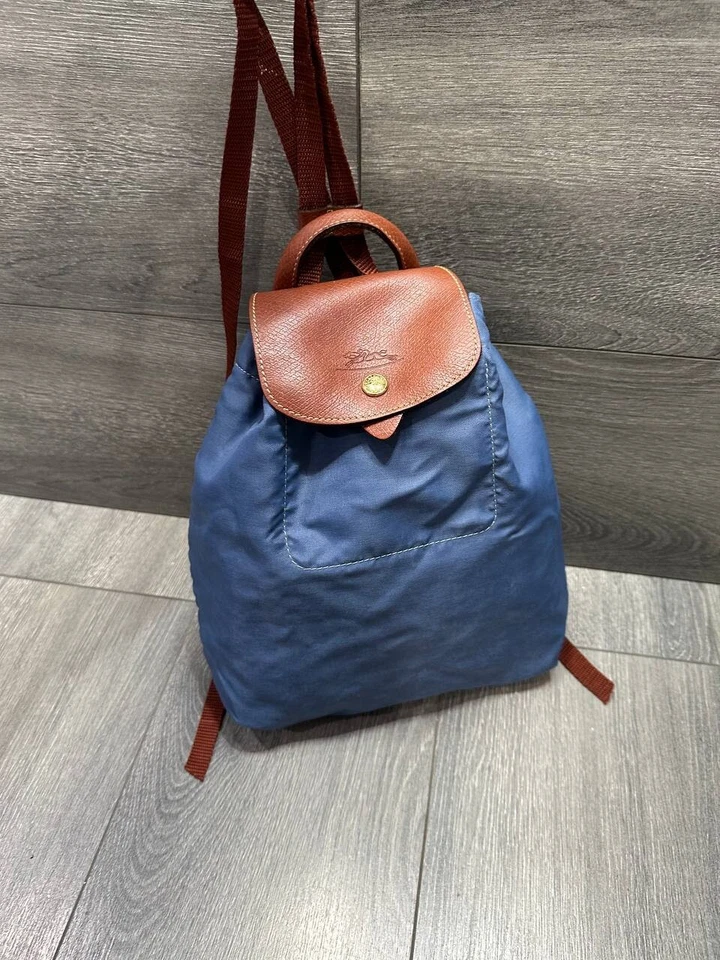 Mochila Longchamp Le Preage Original Nylon Cuero Azul Marrón B000455 Foto 4 de 4