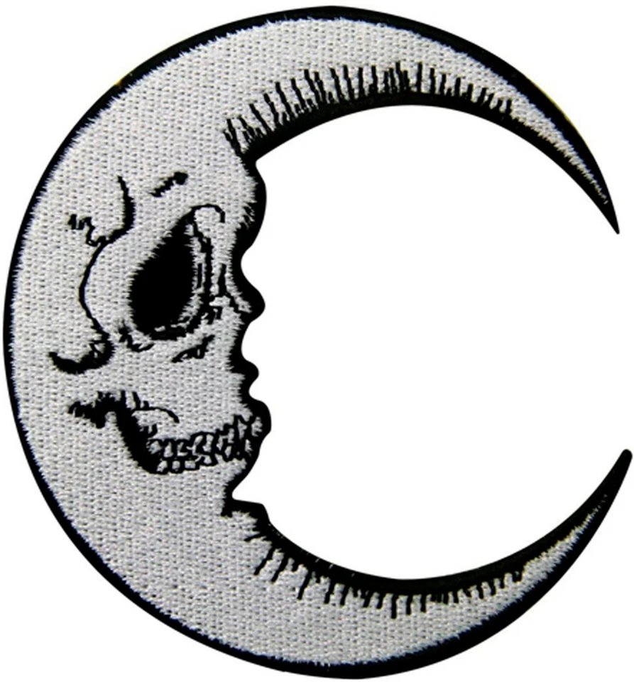 Skull Iron On Embroidered Patch Crescent Moon Grinning Face Shimmering Luna - Image 3 of 3