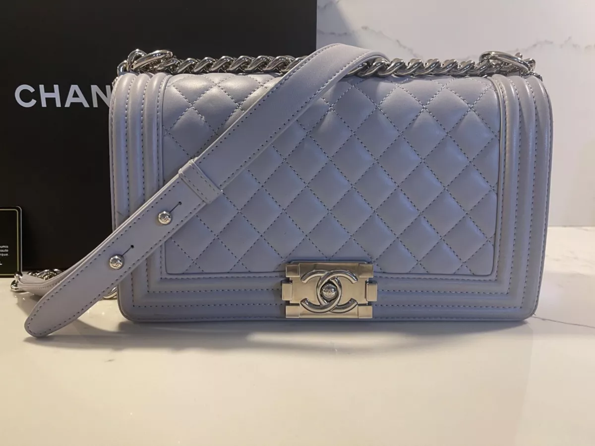 chanel pre owned circular knit top item, Silver Chanel Medium Perforated Lambskin  Boy Flap Shoulder Bag