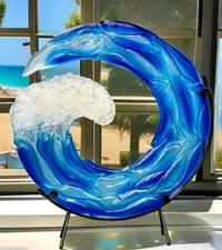 NEW 10" Amazing Ocean Wave Cobalt Blue Resin Figurine Sculpture. Iron Stand 10x8