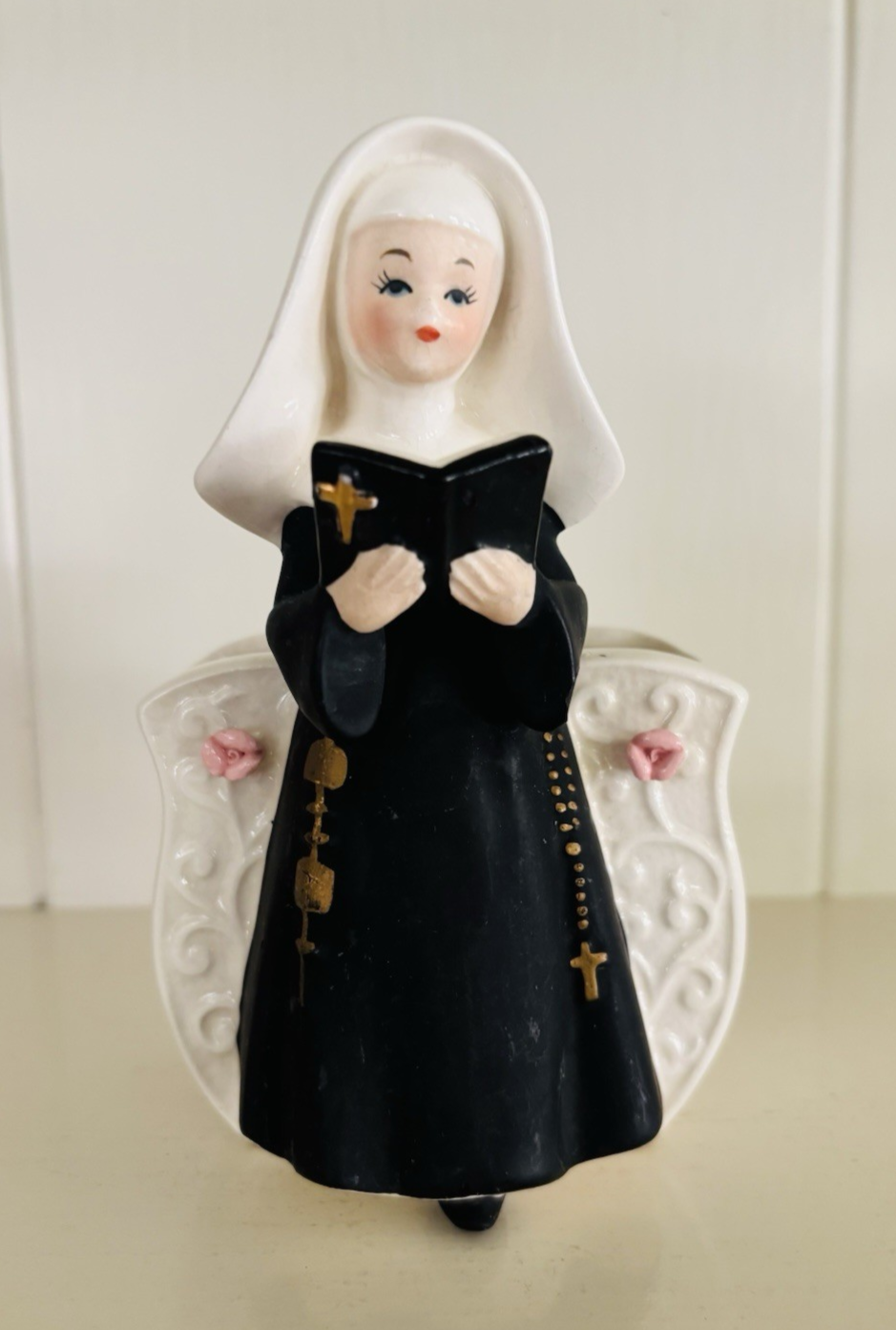 Vintage 6-inch Mid-Century Black Ceramic Nun Planter with Rosary and Floral Details