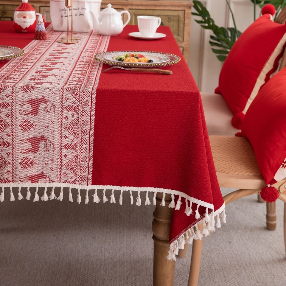 High Quality Washable Cotton Linen Wrinkle Free Christmas Tablecloth with Tassel - Image 3 of 4