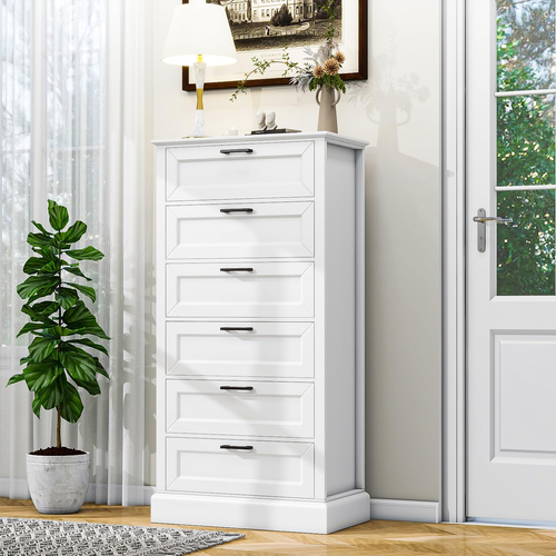 Tall White 6 Drawer Dresser, Wood Vertical Chest of Drawers for Bedroom