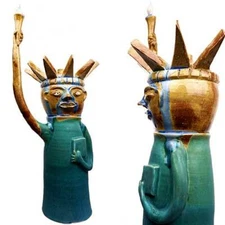 Tall Randy Tobias NC Pottery Statue of Liberty Face Jug - 24.5"  Rare Size!