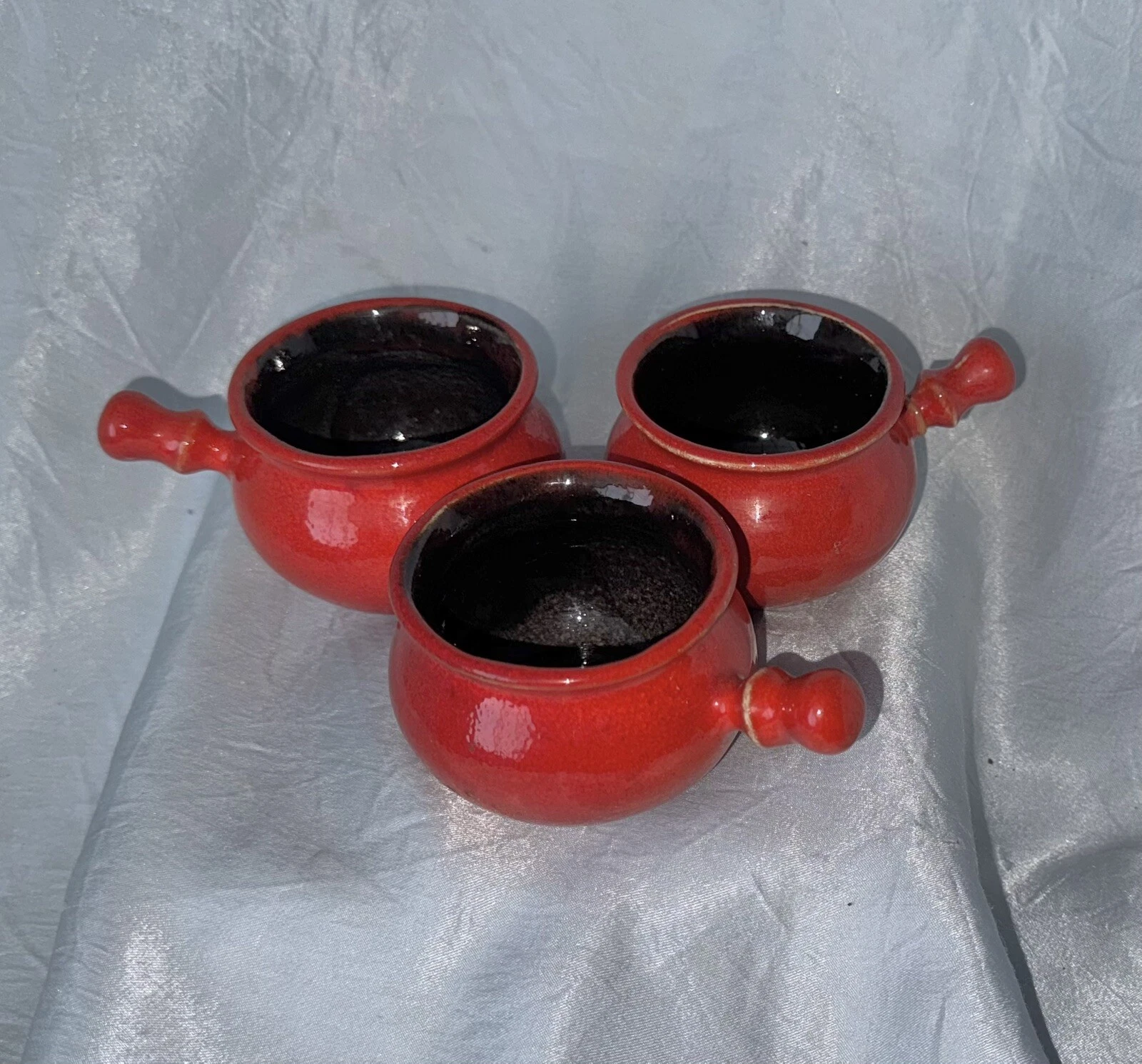 3oz W Germany Set 3 Red Mini Glazed Ceramic Stoneware Fondue Pot Handle 225-7