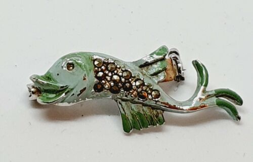 BEAUTIFUL ANTIQUE COLLECTIBLE VINTAGE MARCASITE ENAMEL BROOCH BROCHE BROUCH FISH - Picture 1 of 5