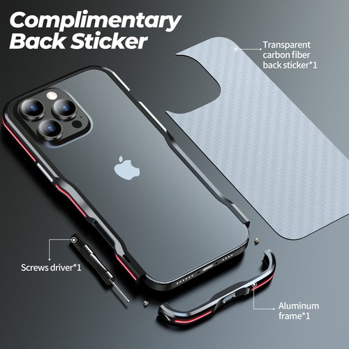 For iPhone 14/15+/16 Pro Max Metal Bumper with Carbon Fiber Texture Back Sticker - 第 1/16 張圖片