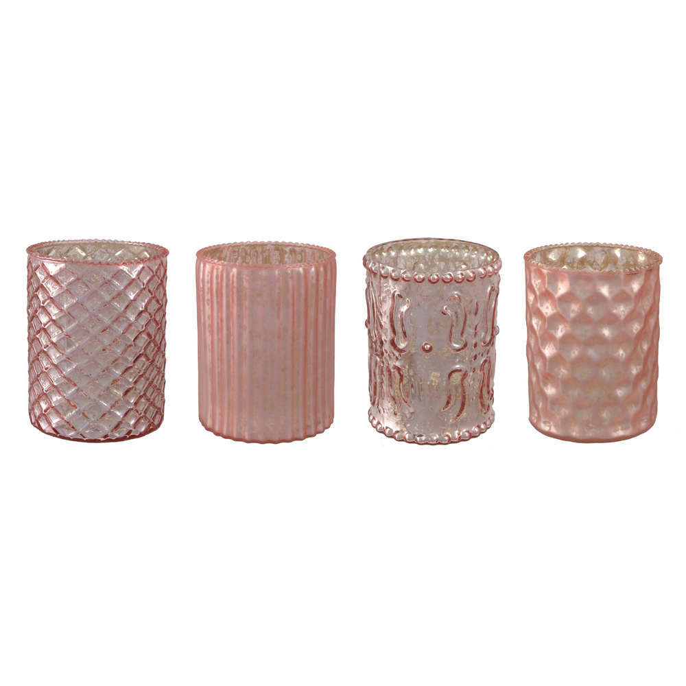 GLAS-TEELICHT mit DEKOR ca 10cm. 4 STÜCK. Teelichtglas teilw. Verspiegelt. ROSA