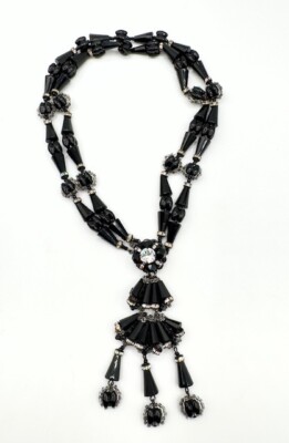 Miriam Haskell Black Glass Double Strand Tassel Choker Necklace 