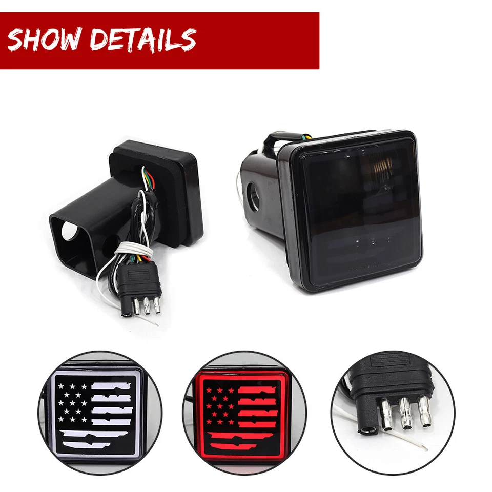 Bandera de Estados Unidos - Luz de freno LED ahumada DRL remolque enganche cubierta apta para remolque y transporte de 2" Foto 3 de 4