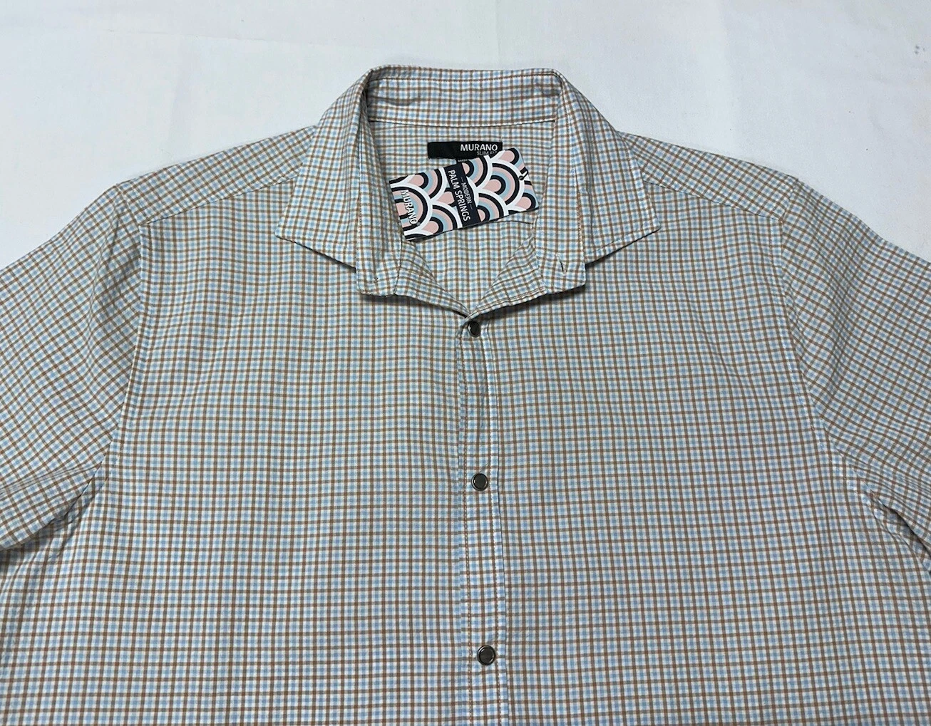 PALM ANGELS Camicia uomo Murano Palm Springs slim fit grande manica corta cotone a scatto blu beige