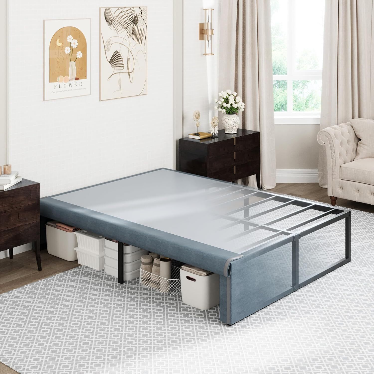 16 Inch Queen Bed Frame with Fabric Cover, Metal Platform Mattress Foundation wi