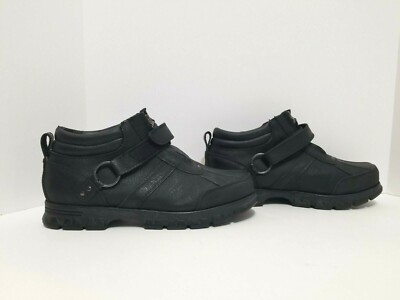 Polo Ralph Lauren Black Leather Ankle Boots Zips Strap Hiking Work Men's Sz 13D 