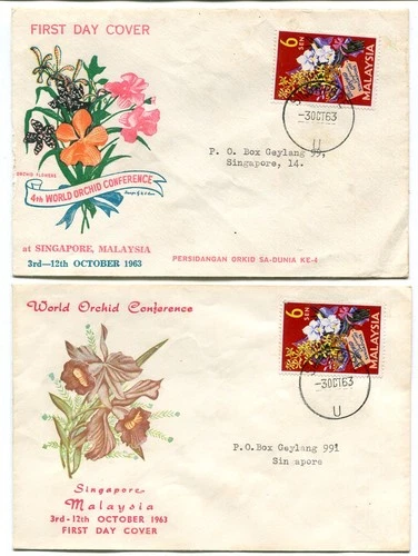 Malaysia 1963 World Orchid Conference, 2 different illustrated f.d.c.s Singapore
