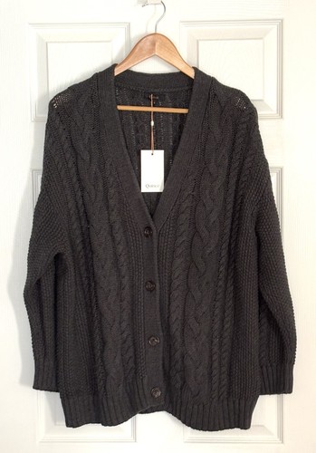 QUINCE Maglione Cardigan Donna Oversize Maglia Cavo Grigio Antracite Bottoni Tg S