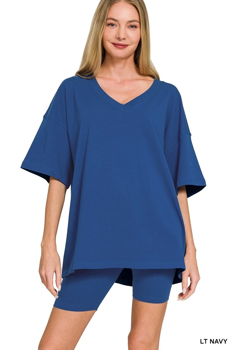 ZENANA - COTTON V-NECK TOP & BIKER SHORTS SET - LIGHT NAVY - S
Opens in a new window or tab
