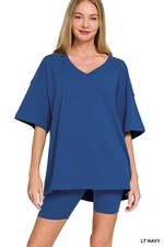 ZENANA - COTTON V-NECK TOP  BIKER SHORTS SET - LIGHT NAVY - XL