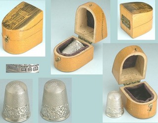 Antique Mauchline Ware Thimble Case Scottish 1899 Sterling Silver Thimble