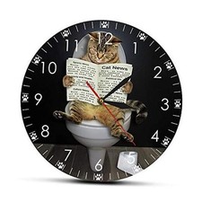 Kitten Cat on Toilet with Newspaper Wall Clock, Funny Bathroom Clock Silent
