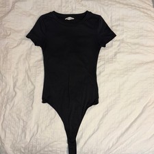 Elodie Bodysuit Womens XS Black Short Sleeve Ribbed Crew Neck Snap Crotch Basic