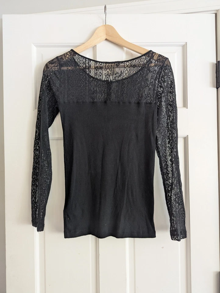 Camisa para mujer Ralph Lauren Denim&Supply negra acanalada manga encaje talla S 90’s-Y2k  Foto 3 de 4