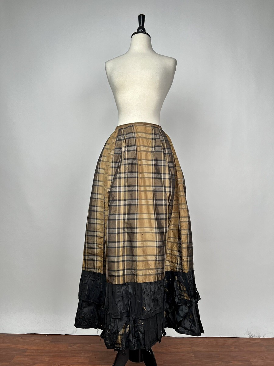 Antique Edwardian Victorian Black and Tan Plaid Silk Skirt Black Ruffles AS  IS