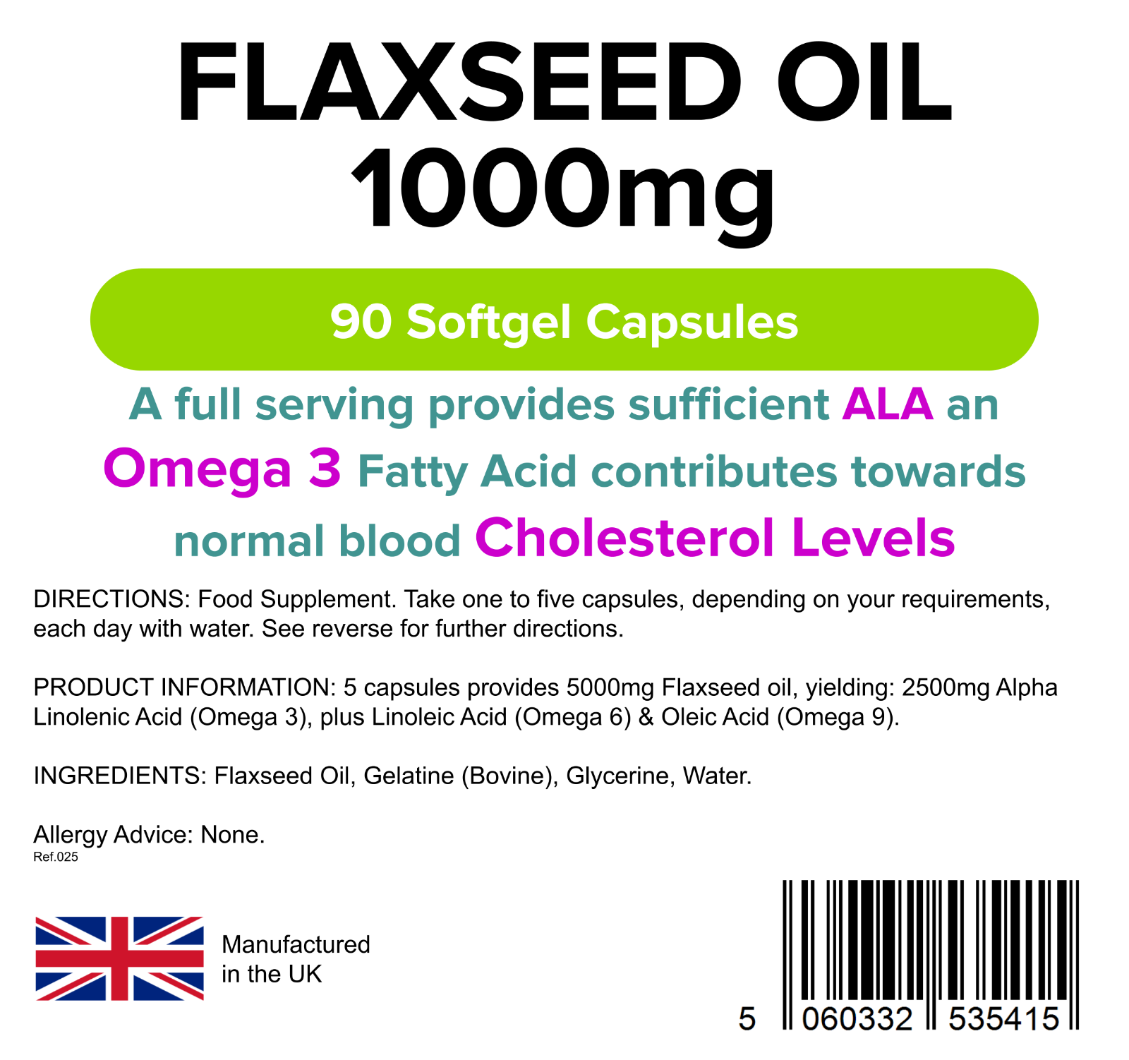 Lindens Flaxseed Oil 1000mg 90 Capsules Omega 3 6 9 Flax Linseed
