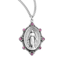 Sterling Silver Pink Cut Glass Fancy Border Miraculous Medal Necklace, 18 In