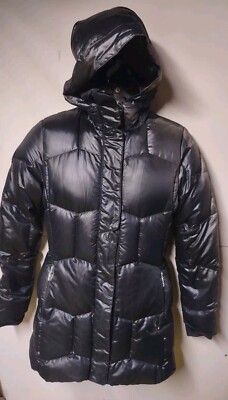 Spyder Womens Medium Hooded Down Jacket Black Quilted Puffer Parka 3/4 Length