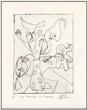 MASKED FACES IN VASE look like CUT FLOWERS. Expressionist ETCHING Listed Artist