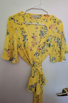 Loft Yellow Floral Wrap Blouse Top Size S