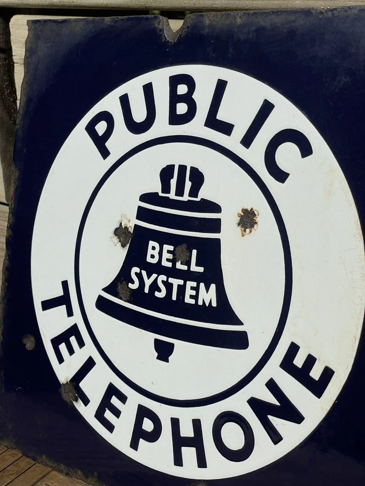 Original Vintage Bell System Public Telephone 2 Side Flange Metal Porcelain Sign - Image 3 of 4