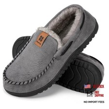 Men's Suede Memory Foam Moccasin Slippers Soft Plush Warm Lining House 11 Grey
