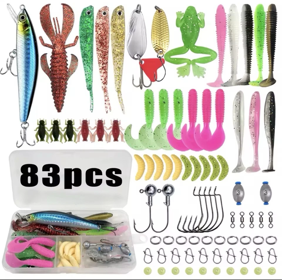 Kit Pêche 83 Pièces Leurres Souples Durs Hameçons Boîte Bar Brochet Perche - Photo 1/1
