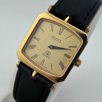 Vintage GUCCI Swiss Quartz Watch Stack Unisex Gold Tone Leather Analog New Batte