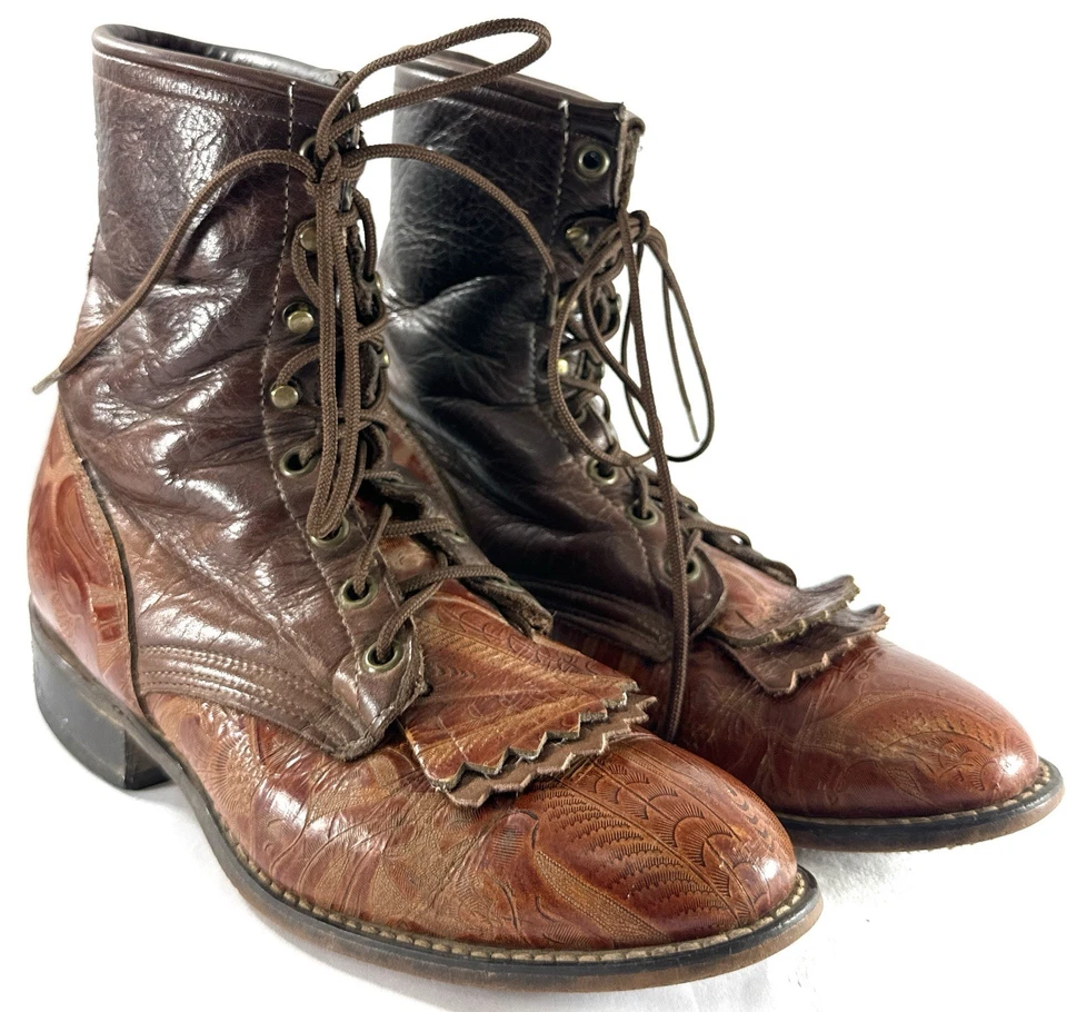 Vintage Laredo Women’s 17691 Lace-Up Kiltie Roper Boots 8M Brown Tooled Leather - Image 2 of 4