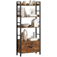 4-Tier Bookshelf with Doors, Industrial Wooden Bookcase with Storage, 23.6"L ...