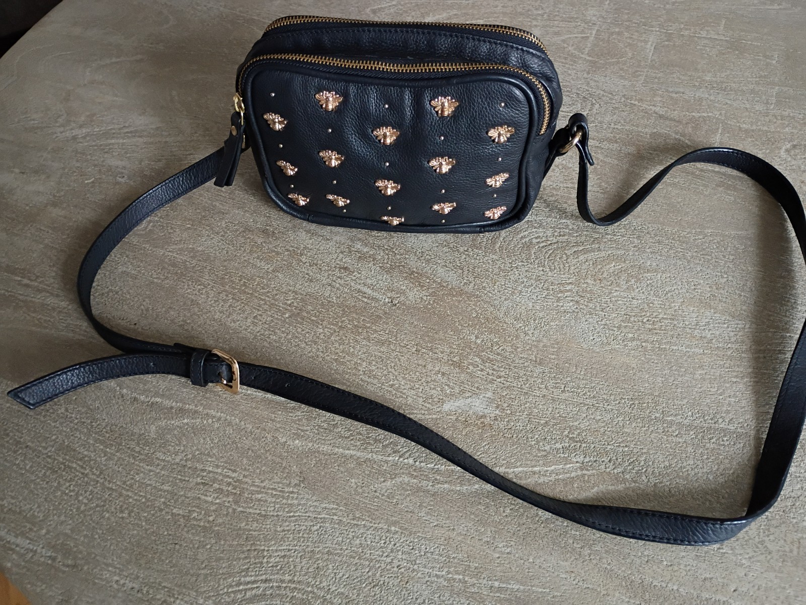 Nooki London Black Leather Crossbody Bag with Gold Bee Studs image 6