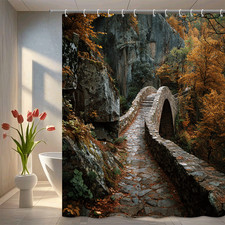 Rustic Autumn Stone Bridge in Mountain Forest Scenic Shower Curtain