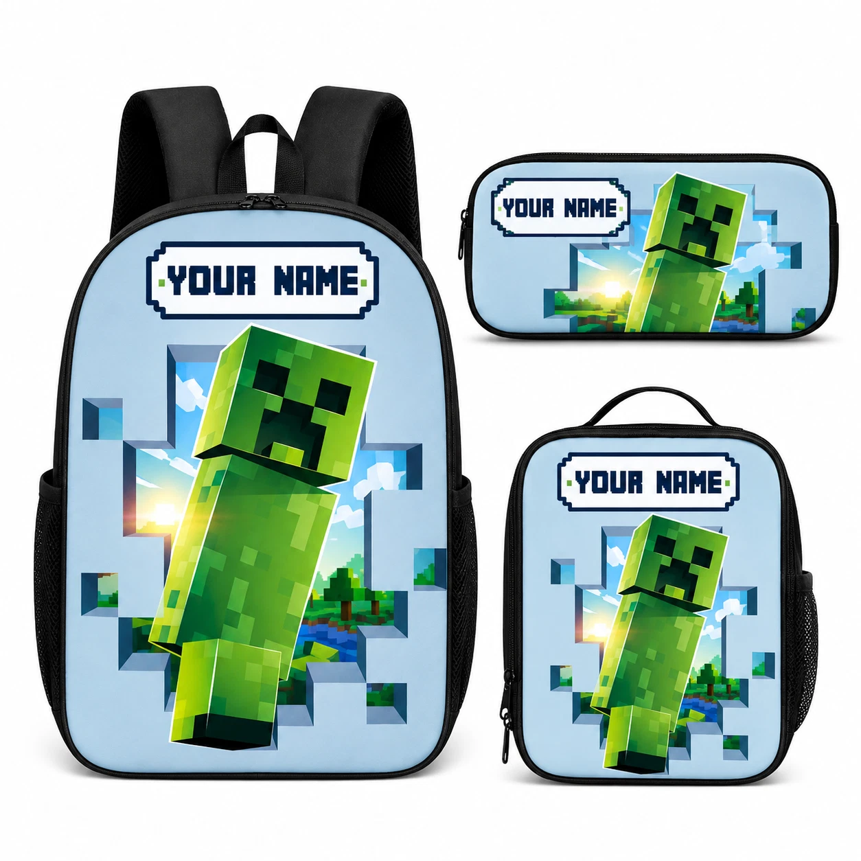 Custom Name Backpack Lunch Bag Pencil Case Set Green Block World Gaming School