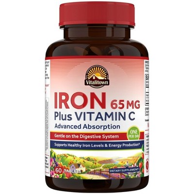 Iron Supplement for Women Men, High Potency 65mg Iron with Vitamin C 250mg, L...