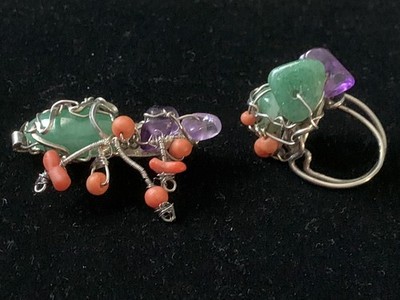 Vintage 70er Jahre: Korallen, Amethyst und Aventurin - Schmuckset in Silber 