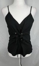 VTG Black Lace-Up Corset Style Cami Top V-Neck Adjustable Waist Size M Babydoll