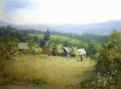 Croatia, Farm, original 9x12  oil painting by Celene Farris, The Virtual Hike