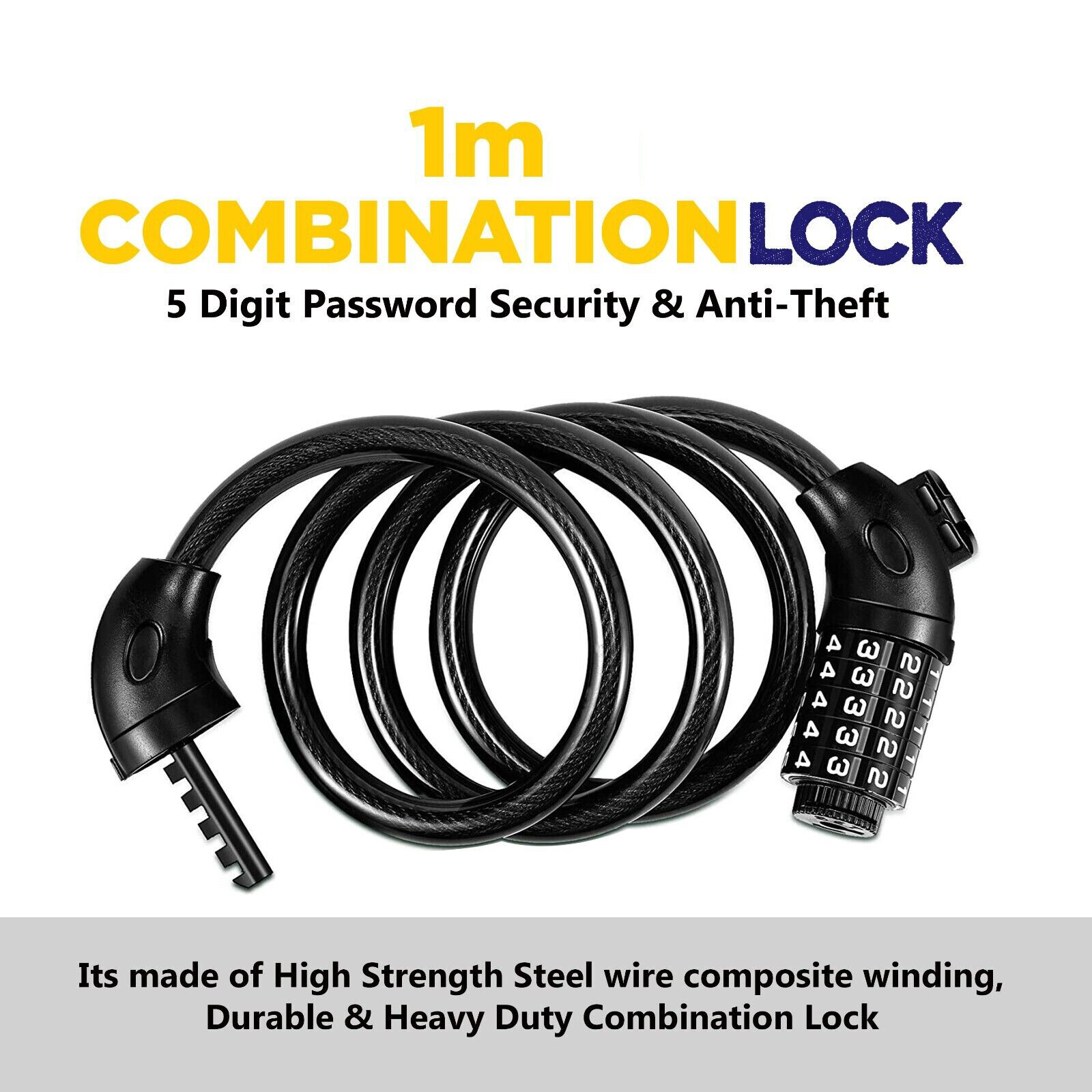 🔥5Digit Code Bike Lock Heavy Duty Security Cable Chain Combination