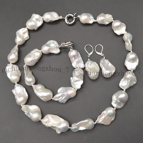 HUGE 15-23MM WHITE SOUTH SEA BAROQUE KESHI PEARL NECKLACE BRACELET EARRINGS SET - Picture 2 of 18