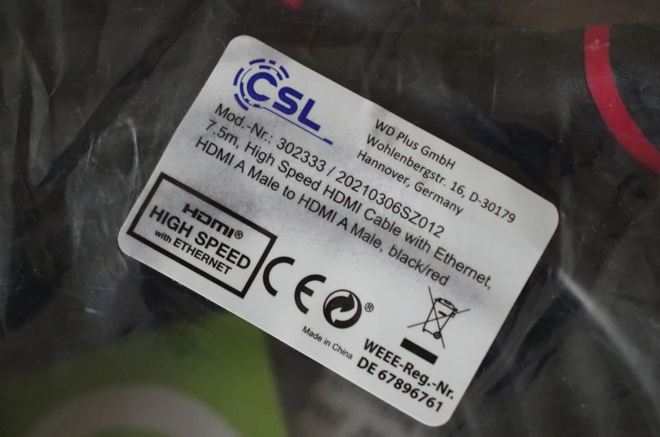 CSL High Speed HDMI (A Male to A Male) Cable (Kabel) with Ethernet 7.5 m - neu - Bild 2 von 4